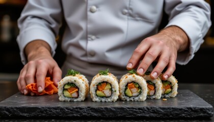 Skilled Chef Carefully Arranging Fresh Sushi Rolls on a Slate Serving Board in a Modern Kitchen
