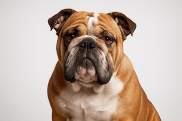 Obraz premium Purebred English Bulldog portrait showcasing distinctive wrinkled features against clean studio background