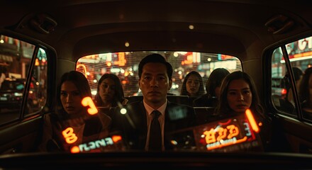 Mysterious figures sit in a dimly lit car, their faces partially obscured by shadows and neon reflections.