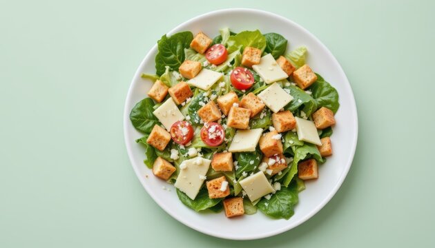 Fresh Green Salad Topped with Croutons and Cheese on a White Plate Against a Soft Green Background