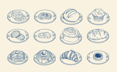 Set of original illustrations of cafe or pastry food, cookies, breads, cinnamon rolls, croissants, a vintage ink line drawing of a snack or breakfast for cards, menus, cafes, baristas, tea houses or g