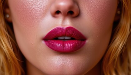 Closeup Portrait of Glossy Lips with Shimmering Makeup and Perfect Skin Texture