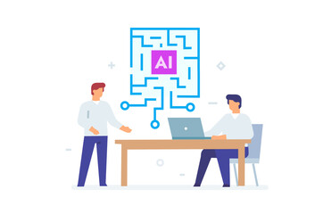 illustrations concept with businessmen. technology, partnership, artificial intelligence business robot, cybes. linear illustration Icons infographics. Landing page site print poster. Line story