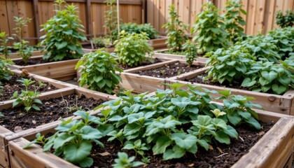 Lush Vegetable Garden with Healthy Plants Growing in Wooden Raised Beds in a Cozy Backyard