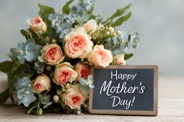Mother's Day Floral Gift: A close-up shot of a beautiful bouquet, accompanied by a charming chalkboard sign conveys a heartfelt message for a special day, exuding the essence of affection, gratitude.