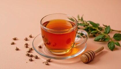 Aromatic Glass Cup of Orange Tea with Honey and Fresh Green Leaves on a Soft Peach Background