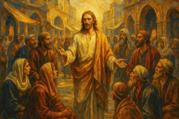 Fototapeta premium Vibrant impressionist painting depicting disciples gathering around Jesus teaching in ancient Galilee marketplace