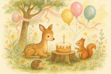 Naklejka premium Watercolor forest animals birthday party with deer, squirrel and hedgehog celebrating with colorful ribbons