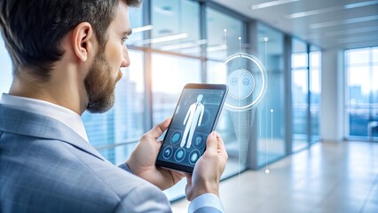 A businessman uses a tablet displaying a futuristic medical hologram, showcasing innovative healthcare technology and data analysis