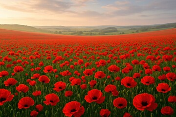 Fototapeta premium Breathtaking field of brilliant red poppies dancing in morning breeze across expansive wildflower meadow landscape