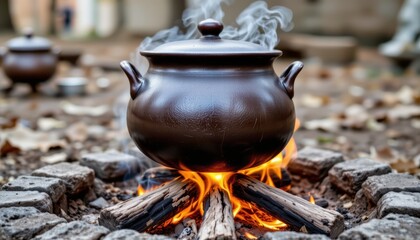 Traditional Cooking Pot Simmering Over a Wood Campfire Surrounded by Smoke and Flames