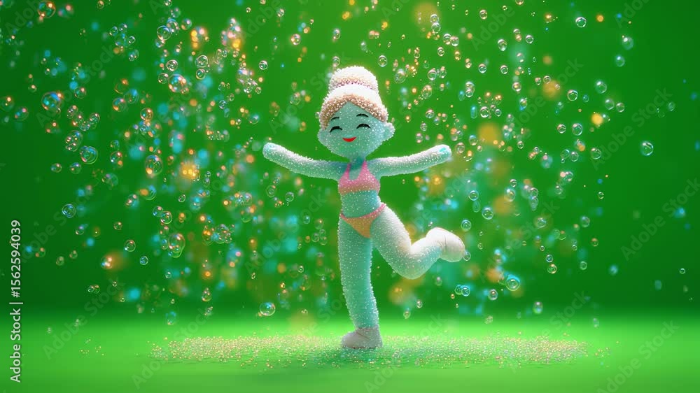Poster In a playful animated sequence a cheerful character dances while applying a refreshing face mask with colorful bubbles and sparkles swirling around. The characters joyful expression