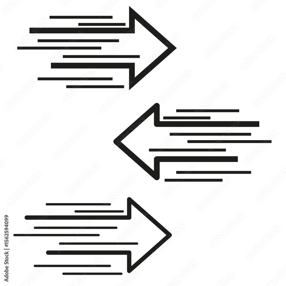 Poster triple arrow icon. bidirectional motion flow. speed lines vector. clean outline contrast.