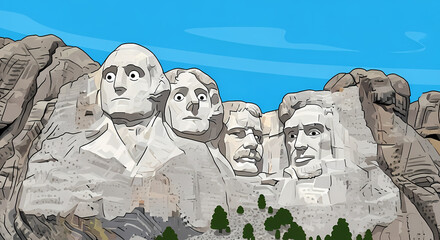 Cartoon Mount Rushmore with Expressive Faces Against a Blue Sky Backdrop.