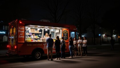 People Waiting in Line at a Brightly Lit Food Truck During Nighttime in an Urban Setting