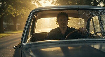 Golden Hour Drive: A man sits in a vintage car, bathed in the warm glow of the setting sun, enjoying a peaceful evening journey.