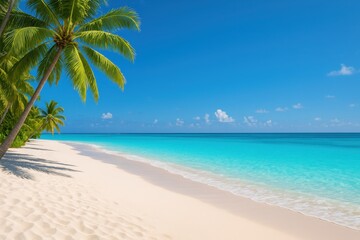 Pristine white sand beach with crystal-clear turquoise water creating perfect tropical paradise backdrop for luxury resort marketing