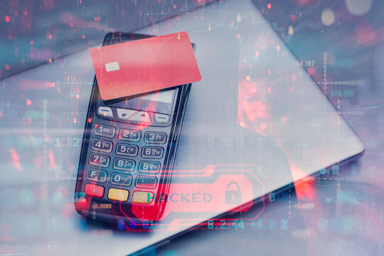 Point of sale terminal with laptop and red bank card and overlay of binary code and warning HACKED. Concept financial data breach or card fraud.