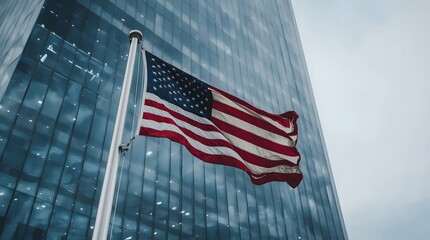 Waving American Flag in Front of Modern Glass Building – Symbol of U.S. Patriotism

