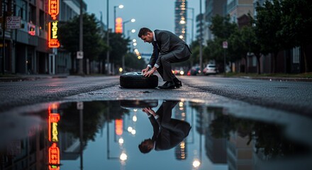 A businessman struggles with a flat tire on a rain-slick city street at dusk, his reflection mirroring his predicament in a puddle.