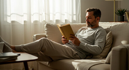 Relaxed Man Reading Book on Sofa in Sunny Living Room