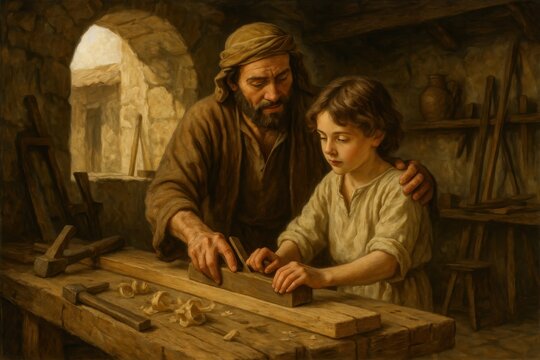 Saint Joseph teaching young Jesus traditional carpentry skills in ancient workshop setting with wooden tools and warm natural lighting