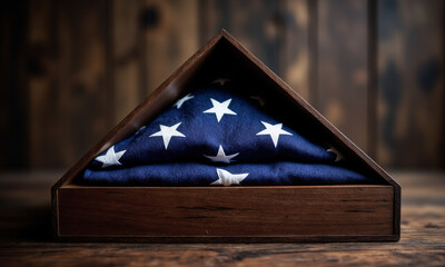 A Respectfully Folded American Flag Presented in a Wooden Display Case