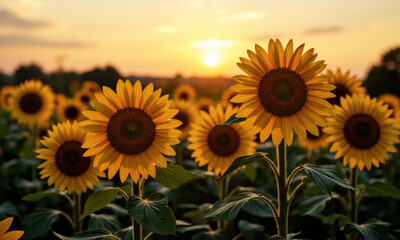 Fototapeta premium A Field of Sunflowers Facing the Morning Sun