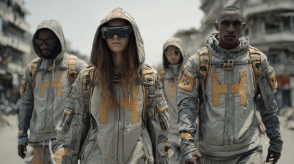 Fototapeta premium Four People in Coordinated Gray and Yellow Outfits Walking Along a City Street