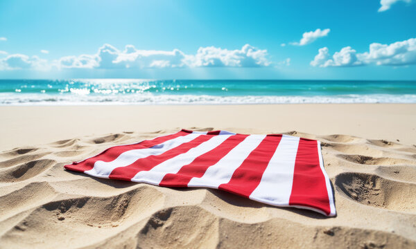A Single Red and White Striped Beach Towel on a Pristine Empty Sandy Beach