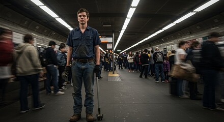 A lone worker stands thoughtfully in a bustling station, holding his tools, amidst the blurred motion of commuters.