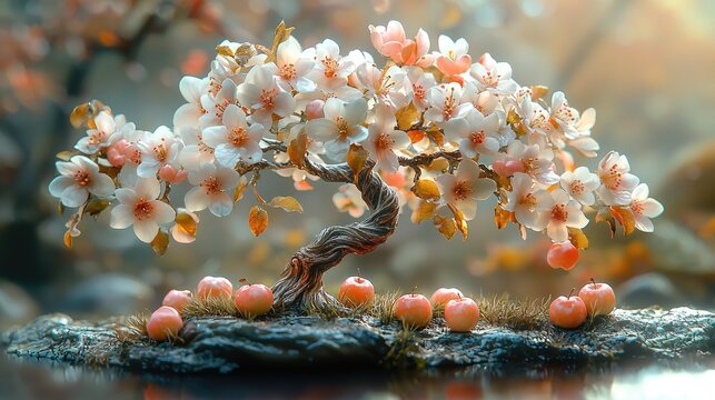 A detailed bonsai tree laden with delicate blossoms and falling fruit.