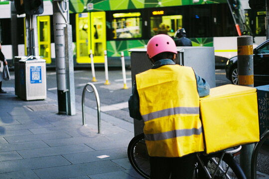 Film photo of an anonymous delivery Worker in Melbourne Australia 