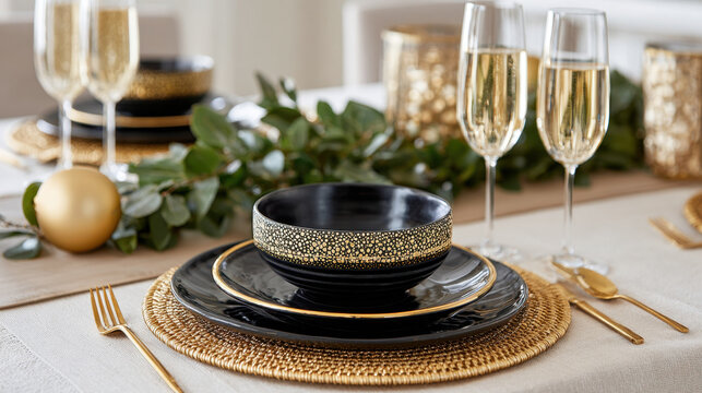 Beautiful table setting for New Year dinner with black and gold plates, elegant glassware, and festive decorations creating warm atmosphere
