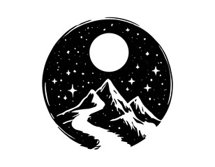 Nighttime mountain landscape, winding road leading towards a full moon under a starry sky, depicted in a circular, hand-drawn style.