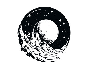 A black and white illustration of mountains, the moon, and a starry night sky.