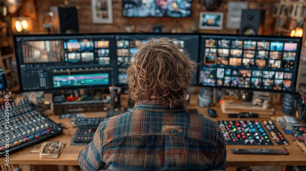 Fototapete Rear View of Person with Curly Hair at Desk with Multiple Monitors Displays Video Editing Software