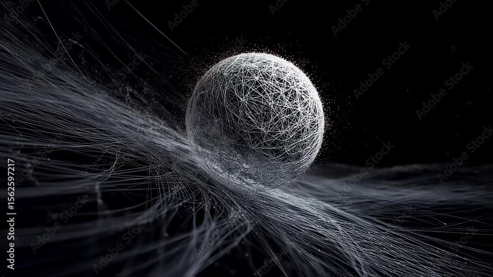Poster an ethereal wireframe sphere materializes amidst a dark background intricately connected by a web of