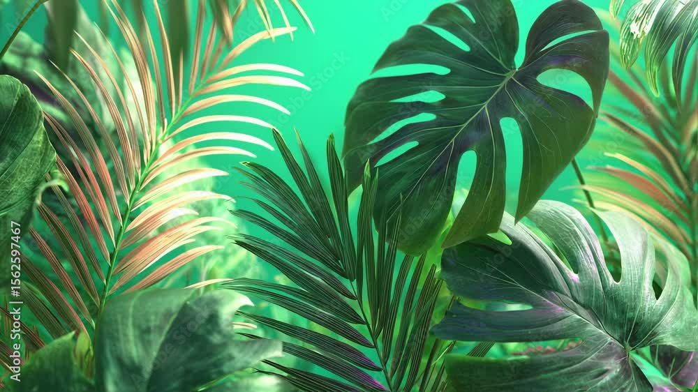 Poster a dynamic sequence featuring a variety of oversized exotic tropical leaves such as monstera and palm