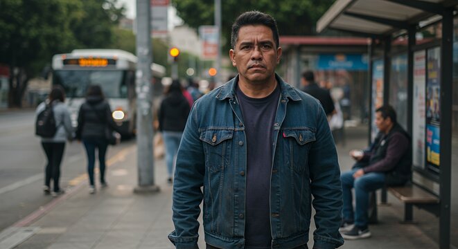 Pensive man in denim jacket stands at a city bus stop, lost in thought amidst the urban blur.