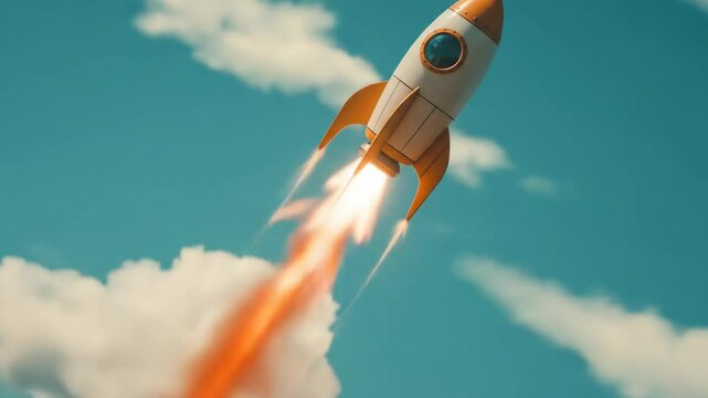Retro rocket blasting off into a cloudy blue sky