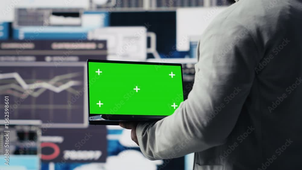 Poster black executive manager studying copy space screen with data insight for business growth, surrounded