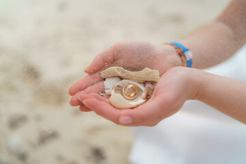 Wedding rings and small shells in the hands of a girl.