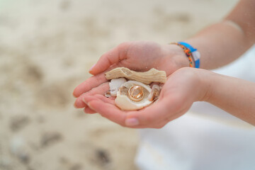 Wedding rings and small shells in the hands of a girl.