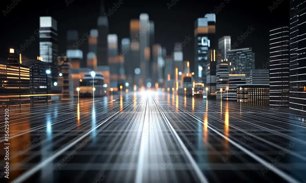 Poster futuristic cityscape with glowing data streams and abstract architecture at night
