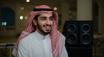 Young man in traditional Middle Eastern attire smiles warmly, radiating happiness and cultural pride.