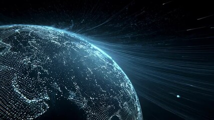 The scene features a faintly glowing digital globe crafted from intersecting lines and grids depicting an abstract representation of global connectivity. Bright nodes flicker as they - Powered by Adobe