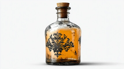 A beautifully crafted glass bottle with intricate black floral patterns contains a warm amber liquid, topped with a rustic cork.