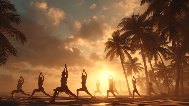 People Practicing Yoga on Tropical Beach at Sunset