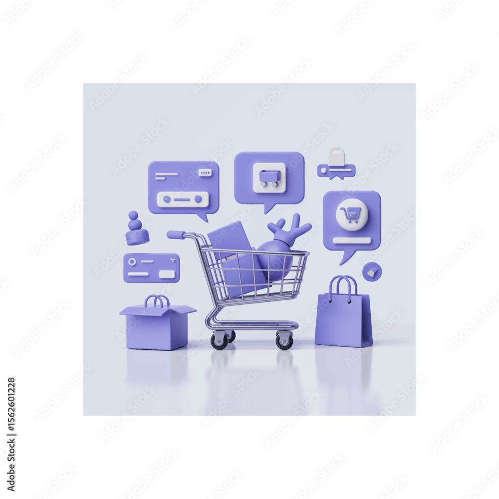 Poster 3d rendering of a shopping cart with various e-commerce icons and shopping objects in soft purple to